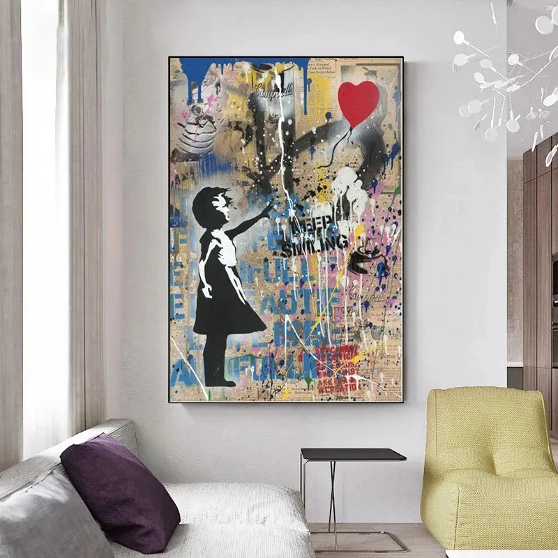 Classical Banksy Graffiti Art Street Canvas Figure Painting Girl With Red Balloon Posters and Prints Wall Picture Decor Cuadros | Дом и сад