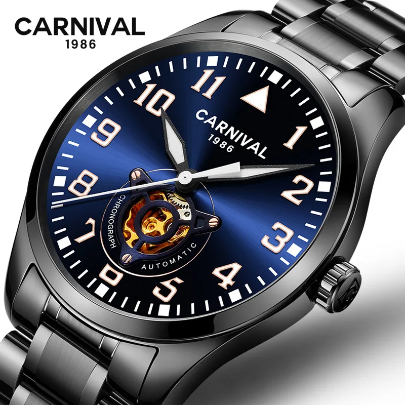CARNIVAL Brand Fashion Mechanical Watches Men Luxury Business Automatic Wristwatch Waterproof Luminous Hollow Clock Reloj Hombre