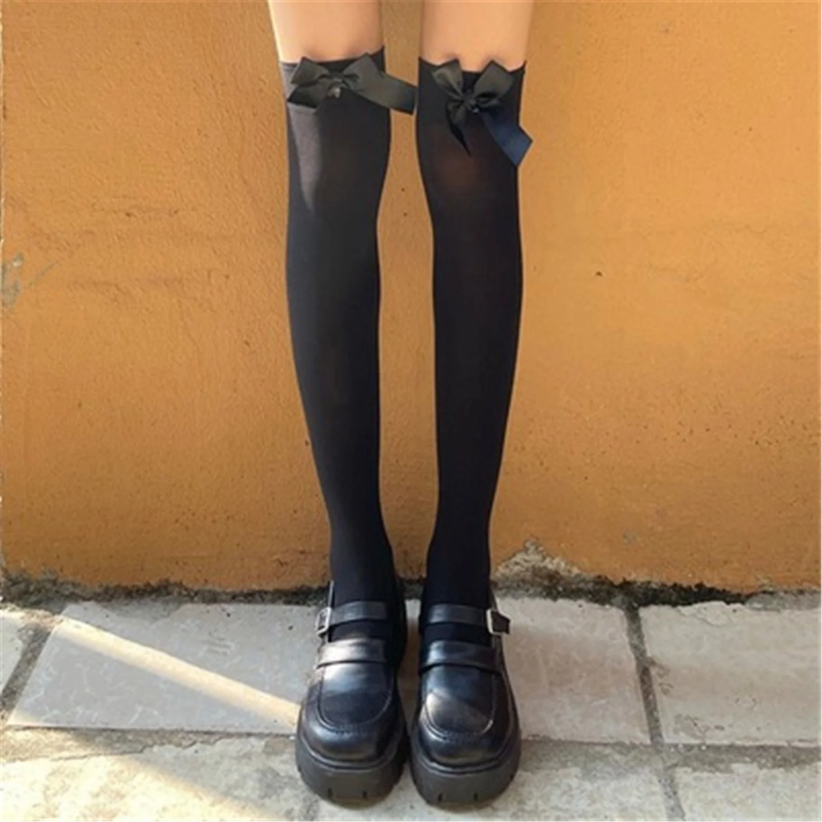 

2 Pairs Cute Long Socks Black White Women Over Knee Thigh High Socks Soild Color Stockings For Ladies Girls Bowknot Knee Socks