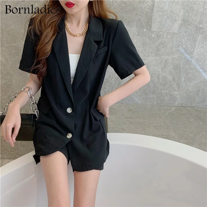 

Bornladies 2020 Fashion Solid Blazer Sets Single-breasted Jacket & Pencil Short 2 Pieces Suit Office Ladies Summer Blazer Suit