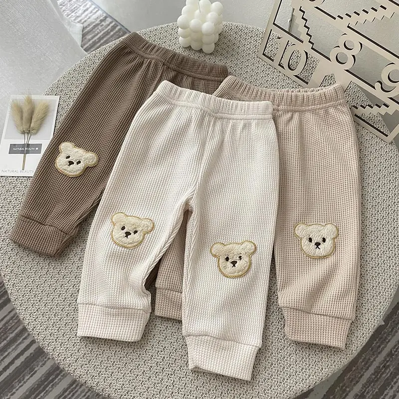 

Autumn New Baby Cotton Pants Waffle Trousers With Cute Bear Beige Brown Soft Long Harem Pant For Infant Boys And Girls 0-1y 2021