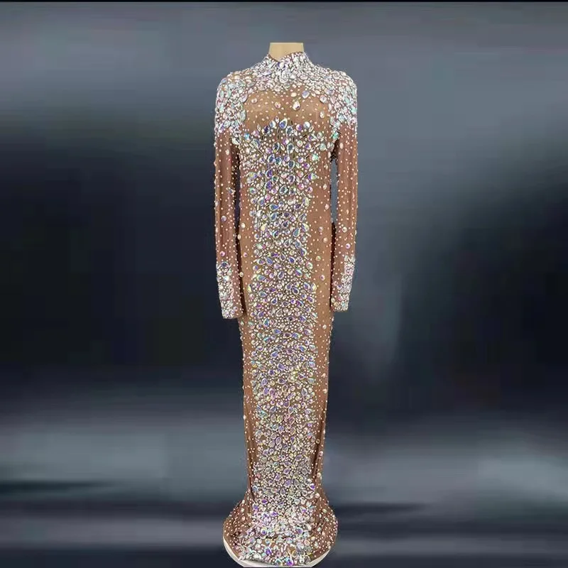 

Блестящее прозрачное длинное платье AB Стразы, вечернее празднование дня рождения, роскошный костюм, танцевальное мигающее платье