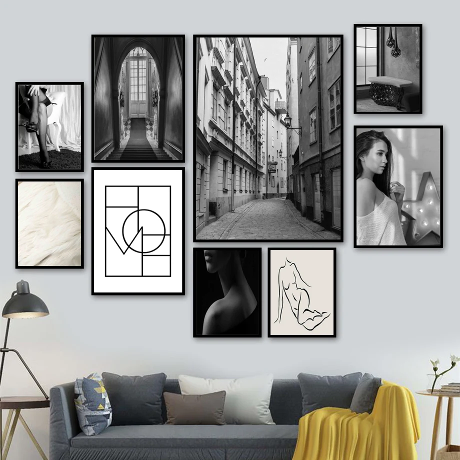 

Black White Building Street Aisle Girl Wall Art Canvas Painting Nordic Posters And Prints Wall Pictures For Living Room Decor