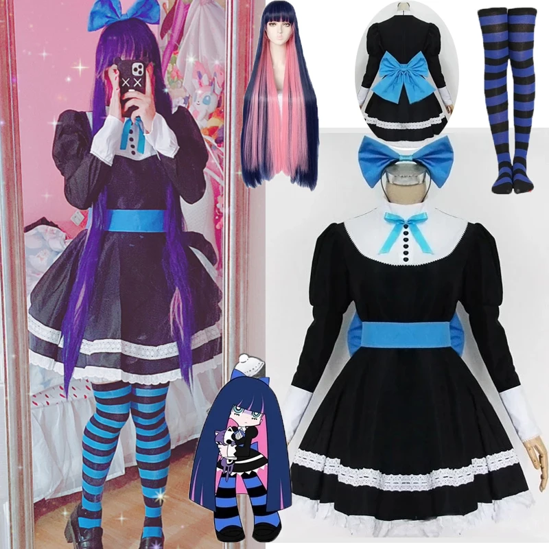 Anime Panty &Stocking with Garterbelt Stocking Anarchy Autumn Maid Women Cosplay Costume Lolita Dress + Belt + Headwaer Hallowen