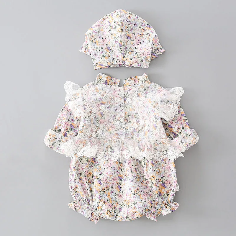 Одежда для маленьких девочек детский цветочный хлопковый комбинезон + шапочка