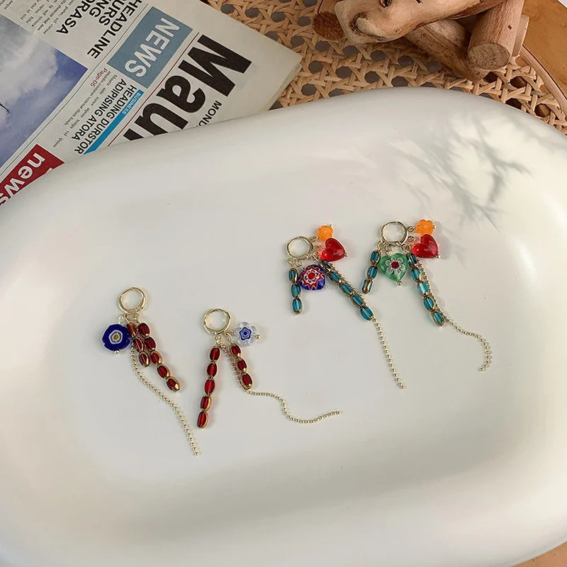 

Minar Funny Handmade Contrast Color Glass Flower Long Tassel Earring for Women Rainbow Floral Chain Beaded Dangle Earrings Gift
