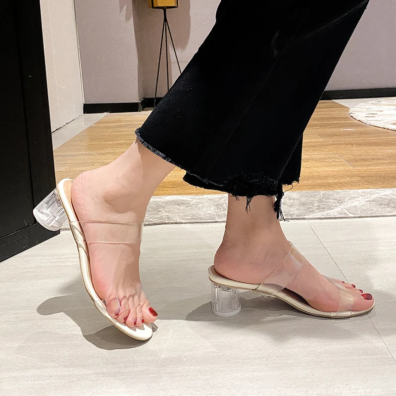 Шлепанцы женские прозрачные с открытым носком ПВХ сандалии желе квадратный