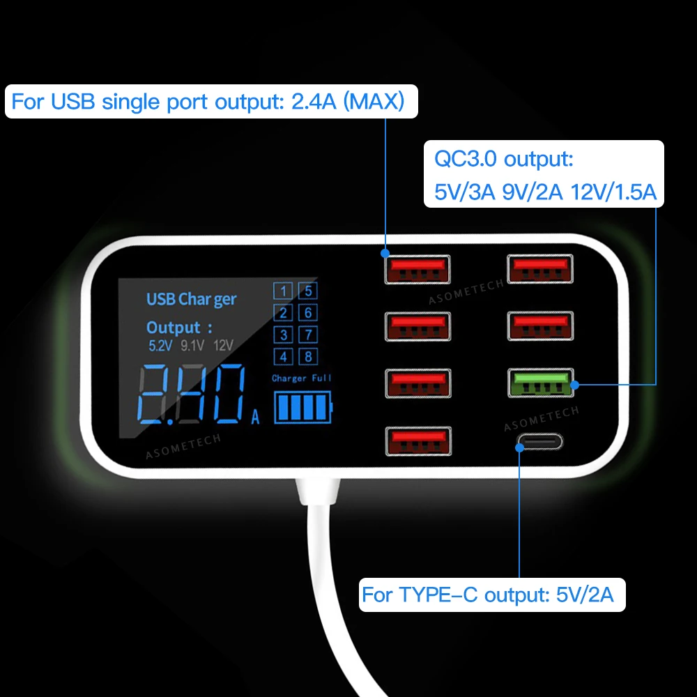 8 портов 40 Вт Quick Charge 3 0 USB Автомобильное зарядное устройство адаптер Tablet Зарядное