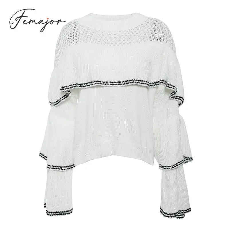 Femajor Women Fashion Hollow out Ruffle Knit Tops Female 2019 Autumn Winter Long Sleeves Jumper Sweater White Lady Pullover | Женская