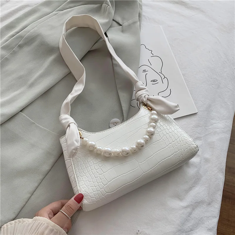 

Luxury Pearl Design Women mini PU Leather Underarm Bag Vintage Ladies Elegant Crossbody Bag Crocodile Pattern Female Baguette