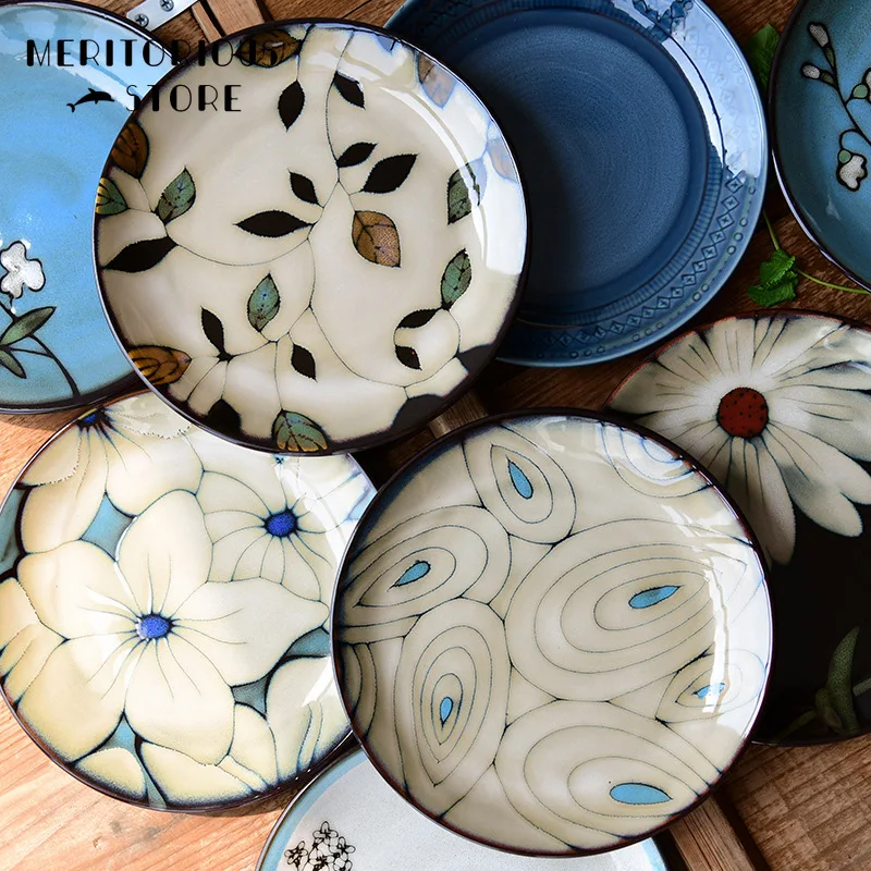 

1 шт. креативная керамическая тарелка ручной росписи 21 см, ретро, цветок, круглая тарелка, стейк, салат, фрукты, торты, столовая посуда