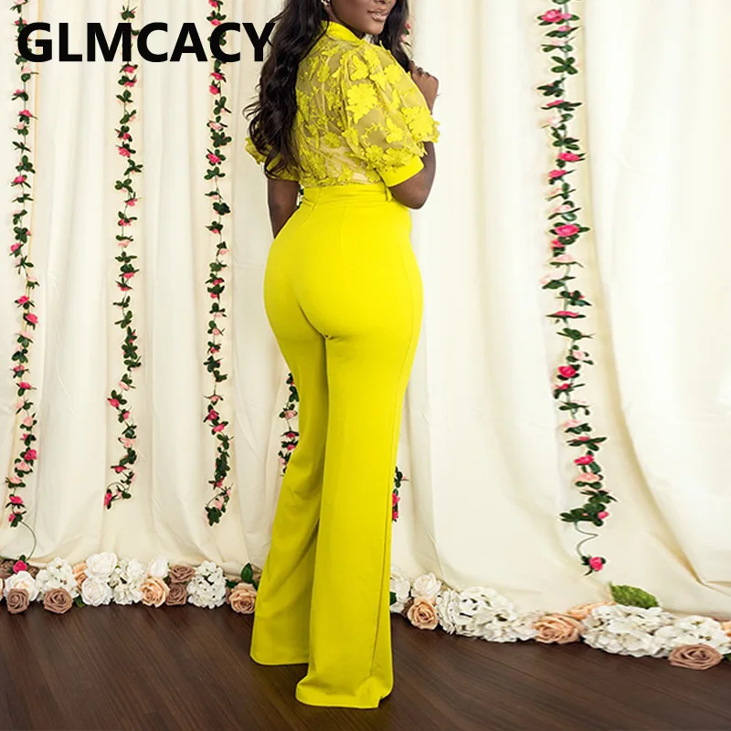 

Women Half Sleeve Lace Splicing Belt Wide Leg Solid Elegant Jumpsuits