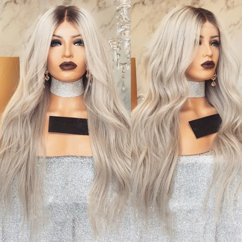 DLME Gray Wavy Synthetic Lace Front Wig For Black Women Heat Resistant Hair Ombre Gray Wig 13x3 Lace Size
