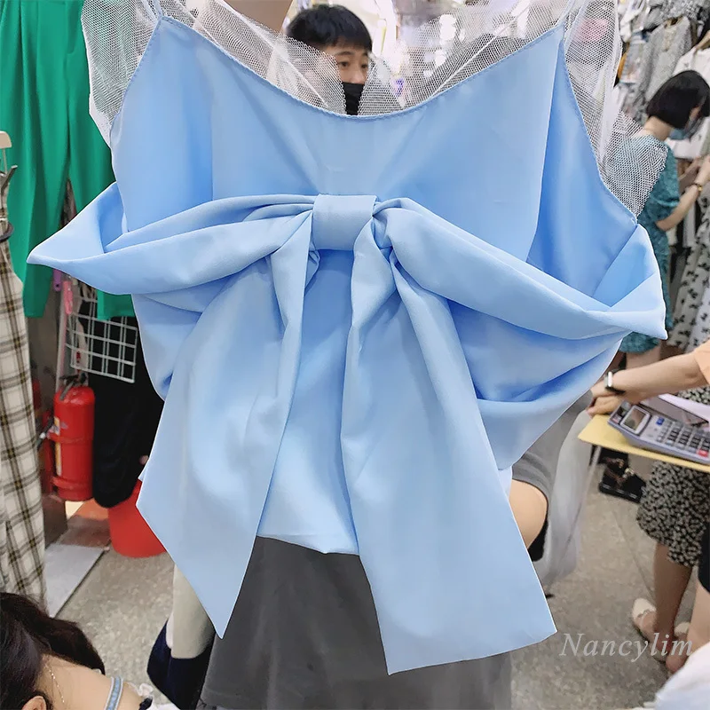 

2021 Summer Temperament Mesh Bow Decoration Sleeveless Camisole Outer Wear Short Tank Top Nancylim