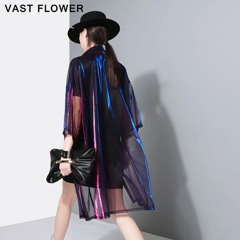 

2021 New Summer Lapel Half Sleeve Perspective Shirt Women Blouse Long Tops Loose Casual Plus Size Cardigan Fashion Clothing