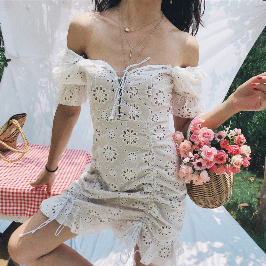 Женское кружевное платье TEELYNN белое хлопковое с цветочным рисунком богемное