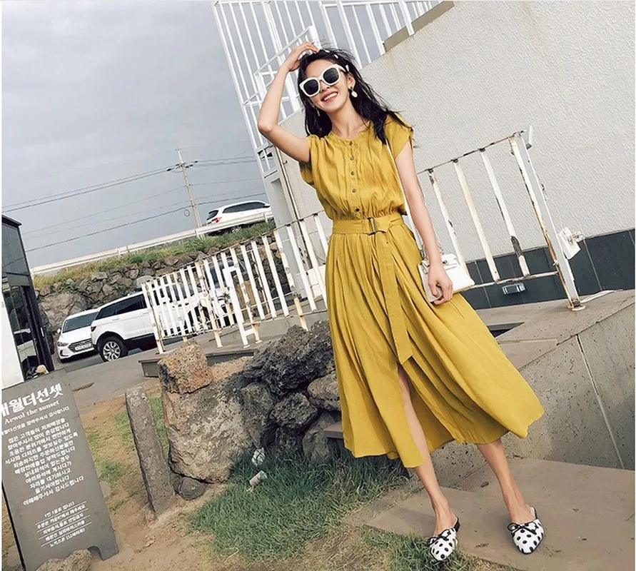 

2020 New Fashion Solid Dresses Women High Waist Sashes Ankle-Length Summer Dress Short Sleeve Beam Waist with Belt Midi Dresses