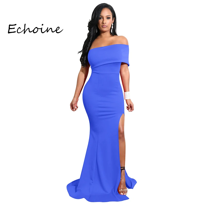 Elegant Dress Slash Neck Blue Black Evening Winter Long High Split Out Vestidos Dresses Woman Party Night |