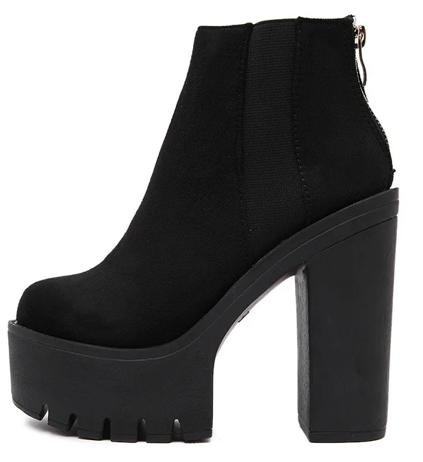 Женские ботильоны из флока черные ботинки на платформе и толстом каблуке молнии