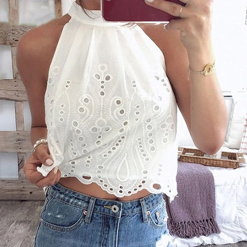 

Blouse Women Shirt Ladies Tops Sexy Sleeveless Halter Hollow Shirt Pullover Vest Women Tops White Blouse