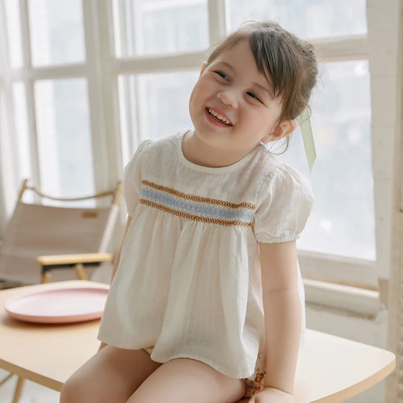 

Summer Girl Short Sleeve Top Cotton White Round Neck Toddler Shirts European and American Baby Girl Embroidered Sweet T-shirt