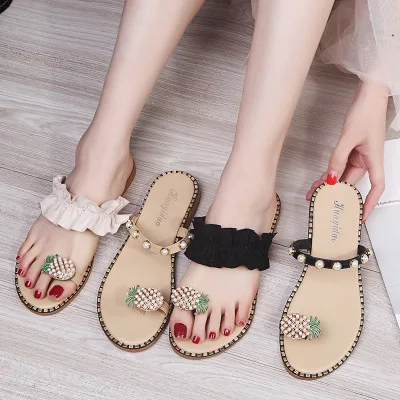 Women Flats Slippers Summer Casual Flip Flops Flowers Pearl Woman Flat Shoes 35-43 plus size Comfortable Female Beach Sandals | Обувь