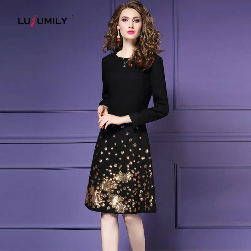 

Lusumily 2021 New Women Luxury Sequined Office Dress Female High Quality Robe Femme Wrist Knee-Lenght Elegant Party Vestidos