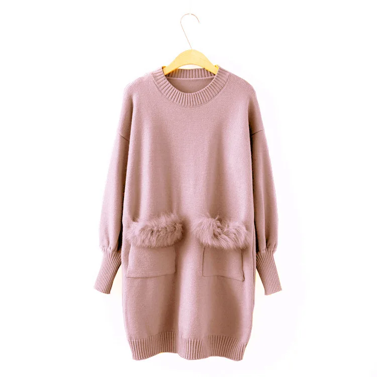 pink sweater Neploe Pull Femme, осенне-зимний свитер с длинным рукавом, платье из искусственного меха с карманами, вязаный пуловер, повседневный джемпер с круглым вырезом, 36300 - Цвет: pink sweater