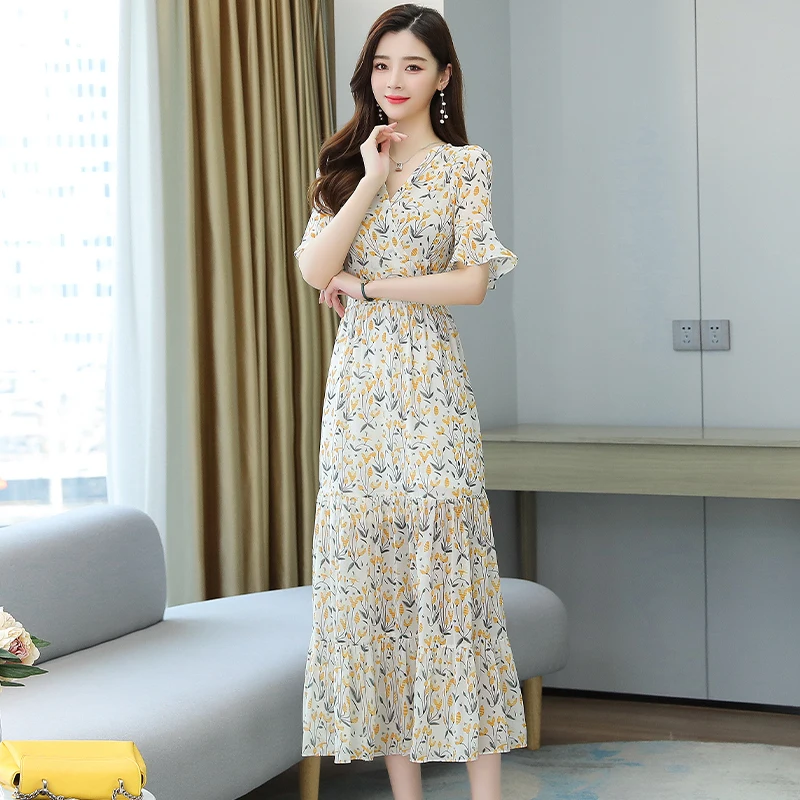 

2021 New Summer Women Dresses Casual Chiffon Floral Print Dress Ruffles Sleeve V-Neck Office Ladies Vintage Dress Blue