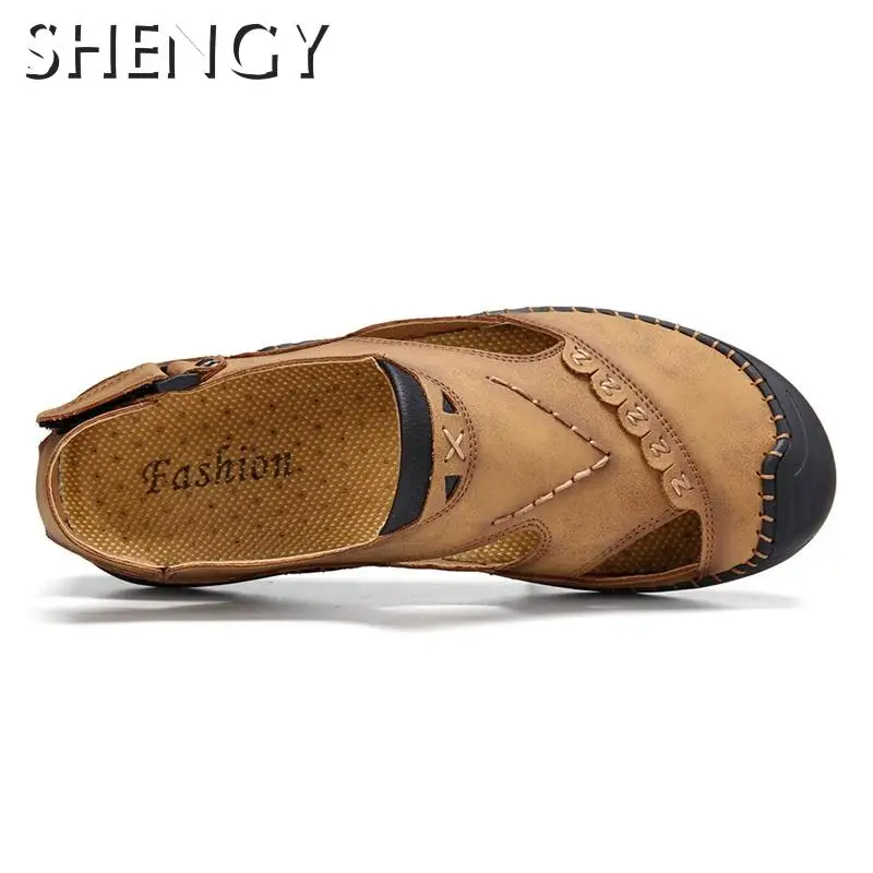 Мужские сандалии из натуральной кожи пляжные Нескользящие в римском стиле с