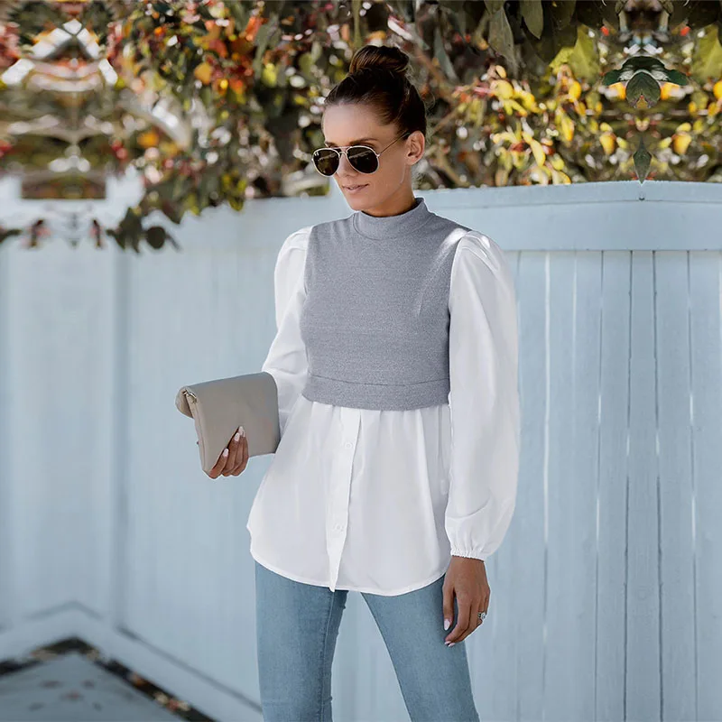 

Модные женские блузки из двух частей 2022 Весна Лето Повседневные универсальные топы с длинными рукавами