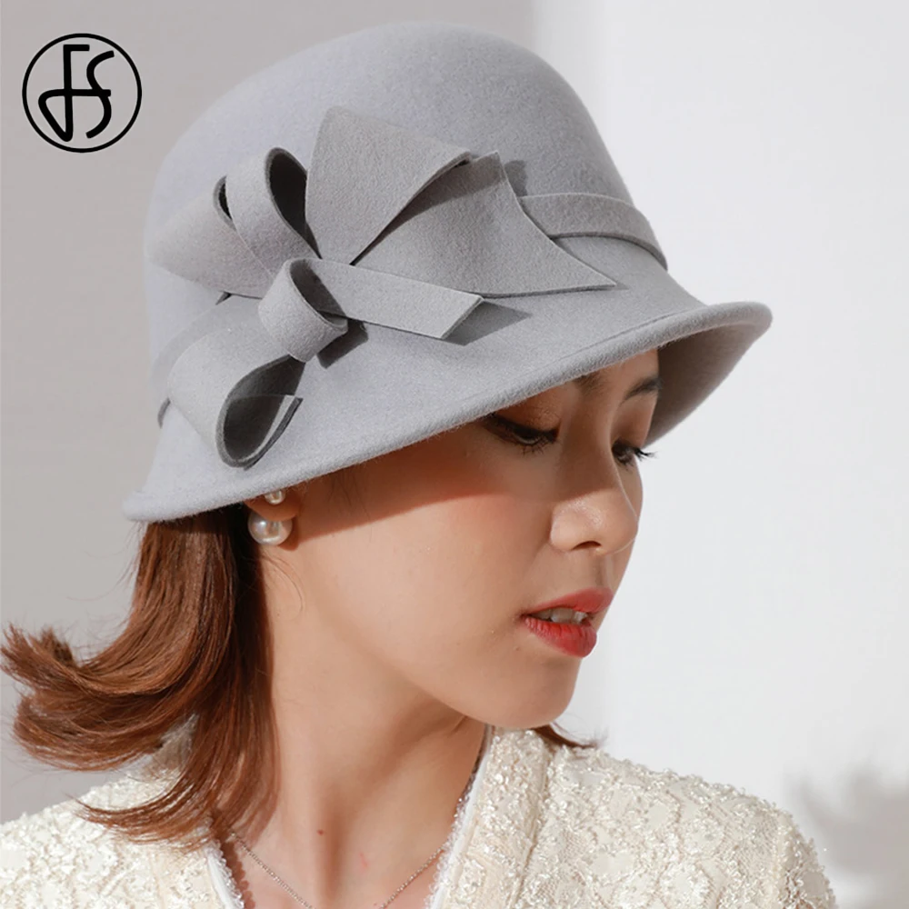 

FS Wool Felt Rope Flowers Dome Top Basin Fedora Hats Women Winter Church Cloche Derby Hat Fedoras Bowler Cap Curling Irregular