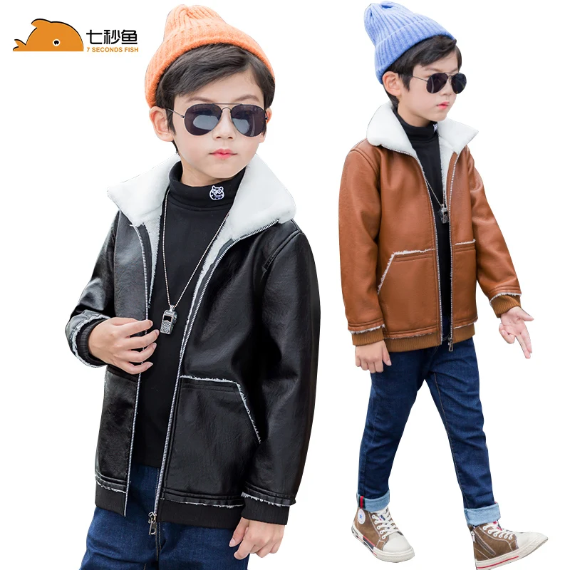 

Куртка для мальчиков; Осенне-зимнее пальто из искусственной кожи с мехом; Детская однотонная Повседневная теплая верхняя одежда для От 3 до ...