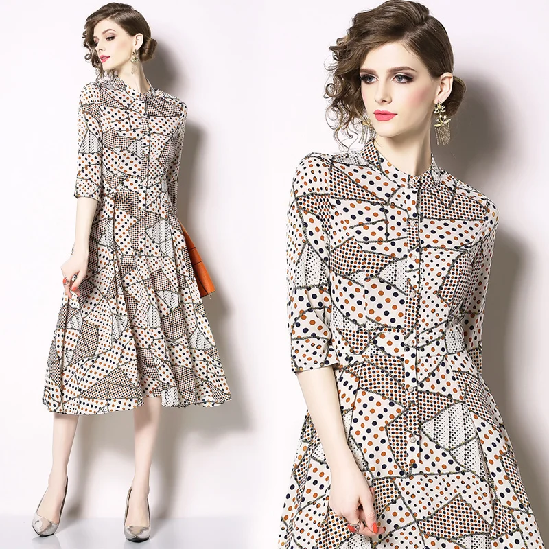 

European Station Spring And Summer New Point Printed Dresses Slim Dresses