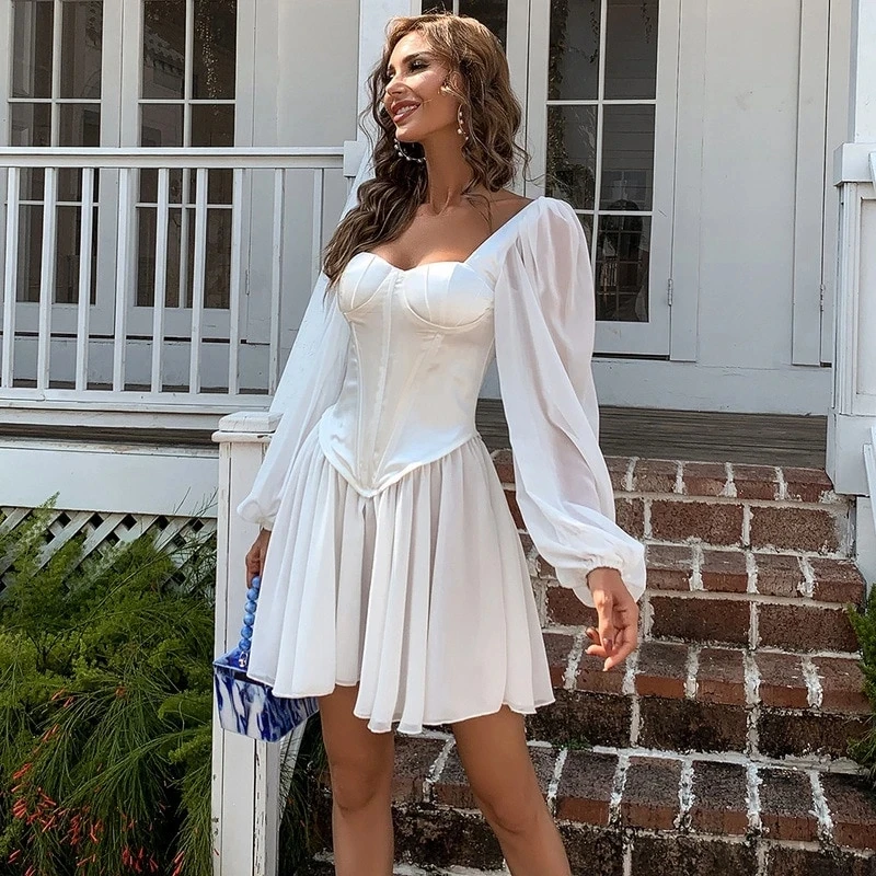 

wsevypo Elegant Chiffon Lantern Long Sleeve Pleated Dress Party Women Ladies Square Collar Chest Wrapped Mini Flare Dress