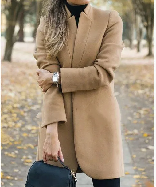 Abrigo Mujer Женское шерстяное длинное пальто с отворотом зимнее офисное Женское шерстяное пальто с открытой строчкой приталенная Куртка Верхняя одежда GV964