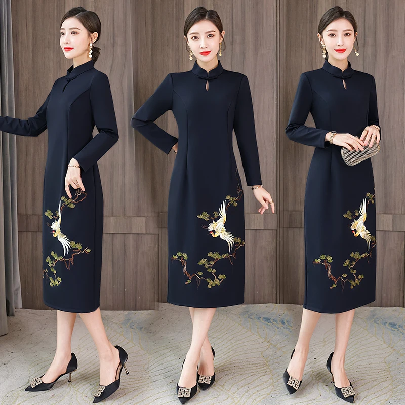 

Women Dress Autumn 2021 Chinese Style Office Lady Cheongsam Vintage Long Sleeve Solid Stand Neck High Waist Zipper Black Dresses