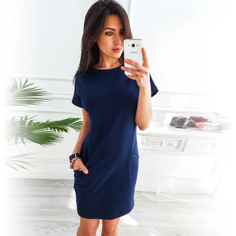 

O-neck Short Sleeve Solid Party Dress Loose Straight Fashion Pockets Elegant Feminina Vestidos Casual Vintage Women Summer 2018