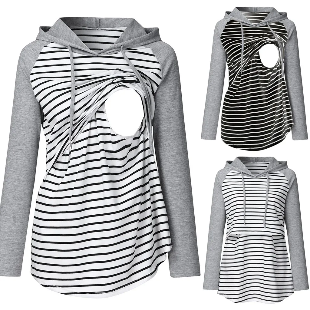 

Stripe Maternity Womens Tops Winter Maternity Blouse Women Loose Long Sleeve Hooded Splicing Autumn Maternity Tops Clothes Y129