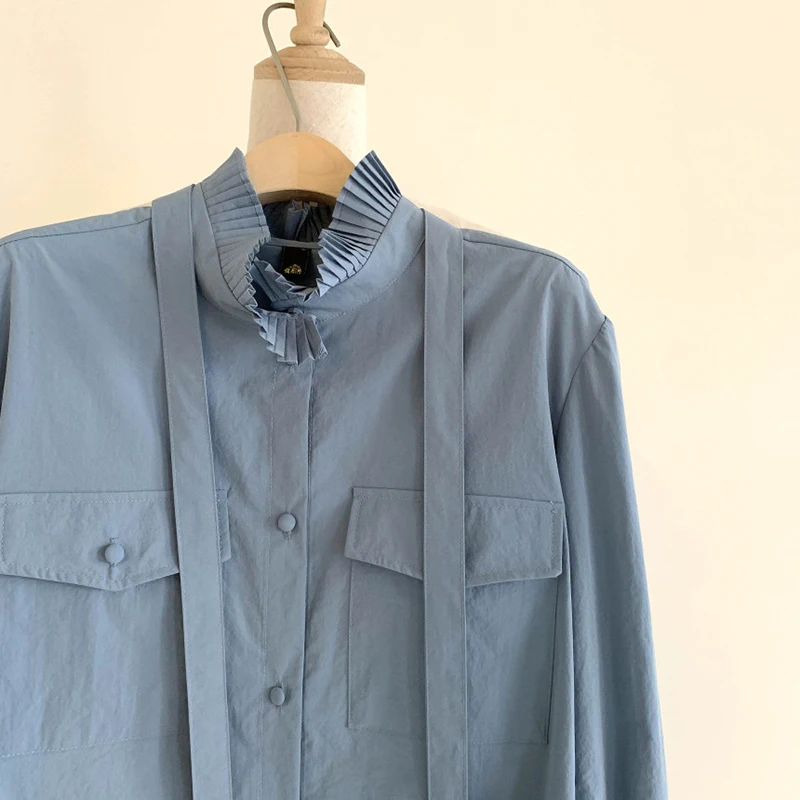

2020 New Autumn Elegant Pleated Lace Up Stand Collar Women Blouses Solid Color Double Pockets Femme Blusas Petal Sleeve Shirt