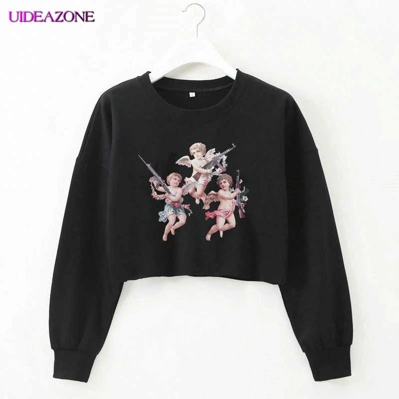 Милые женские толстовки с принтом ангела укороченные топы длинным рукавом и