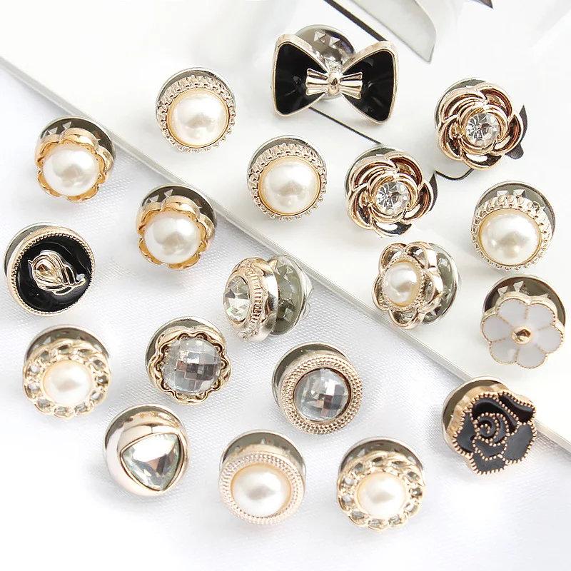 10pcs Button Brooch Set Imitation Pearl Rhinestones Pin Coat Clothes Accessories Gift Prevent Exposure Brooches For Women | Украшения и