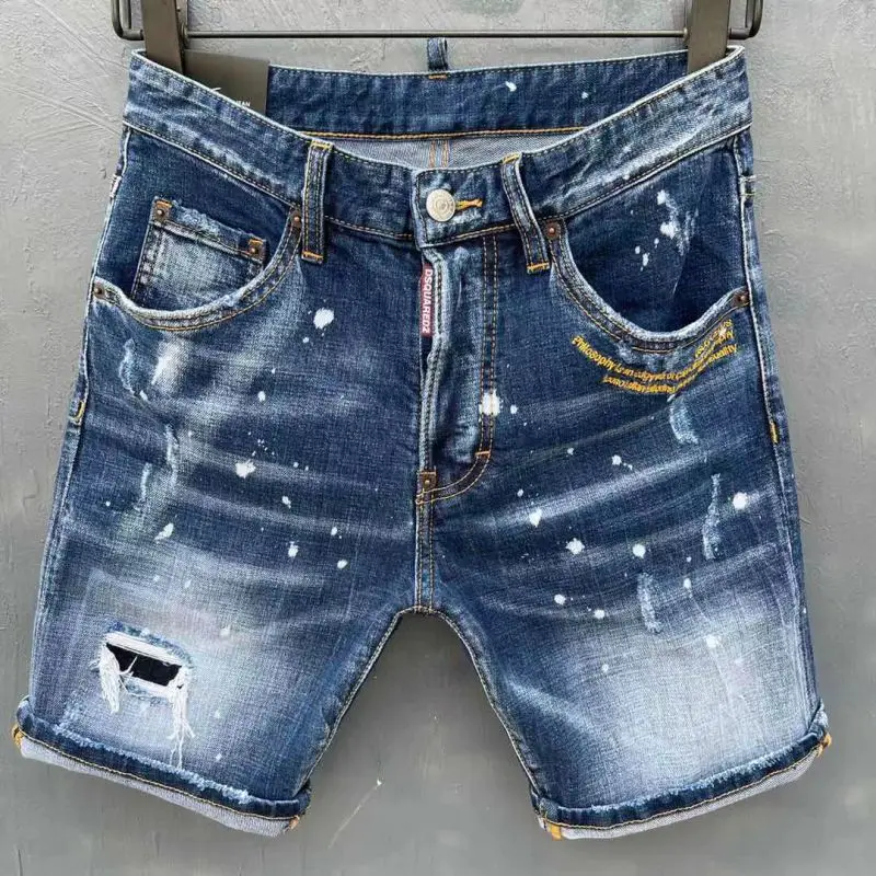 

Jeans Italian Men's Straight Denim Shorts Blue Paint Slim Jeans Shorts D026
