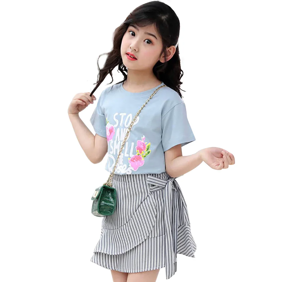 Летний костюм для девочек комплект одежды в полоску подростков детская одежда с