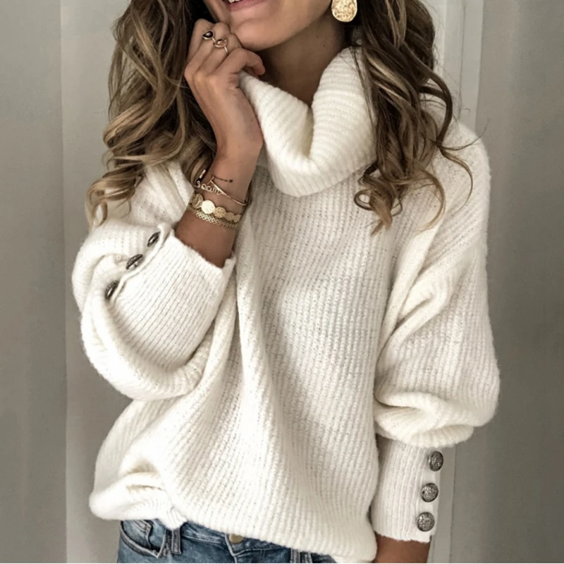 Белая водолазка женский свитер осень и зима 2020 длинный рукав пуговицы большие