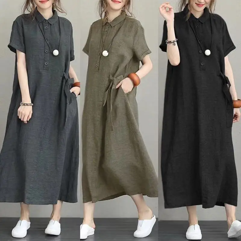 

2021 Summer Fashion Button-up Midi Shirt Vintage Dress Short Sleeve Korea Loose Casual Women's Dresses