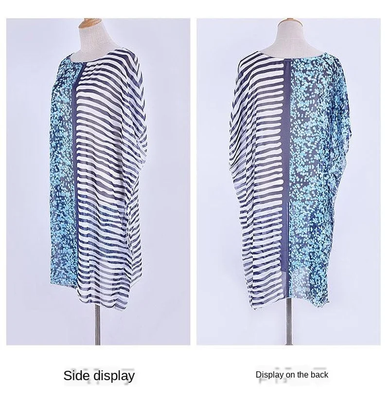 

Bat Sleeve Color Splicing Blouse Beach Cover Up for Women Polyester Chiffon on Vacation Sexy Bikini Sunscreen Shirt Summer 2020