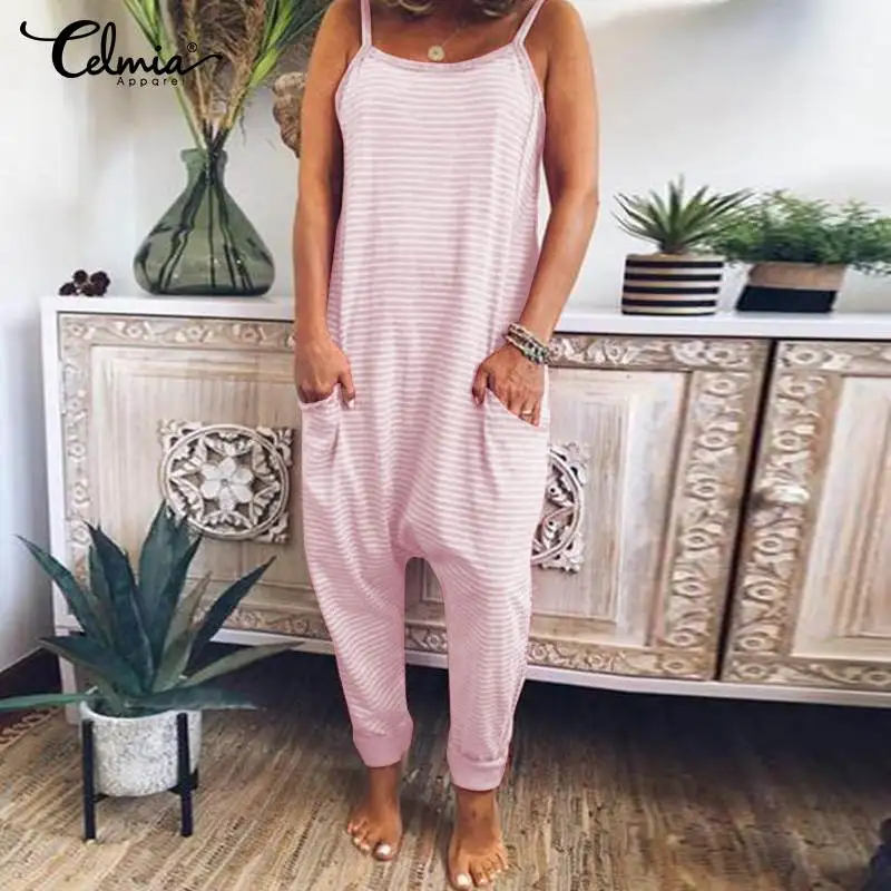 

2021 Celmia Summer Women Drop-Crotch Jumpsuits Casual Sleeveless Striped Rompers Sexy Straps Loose Harem Pants Femme 7