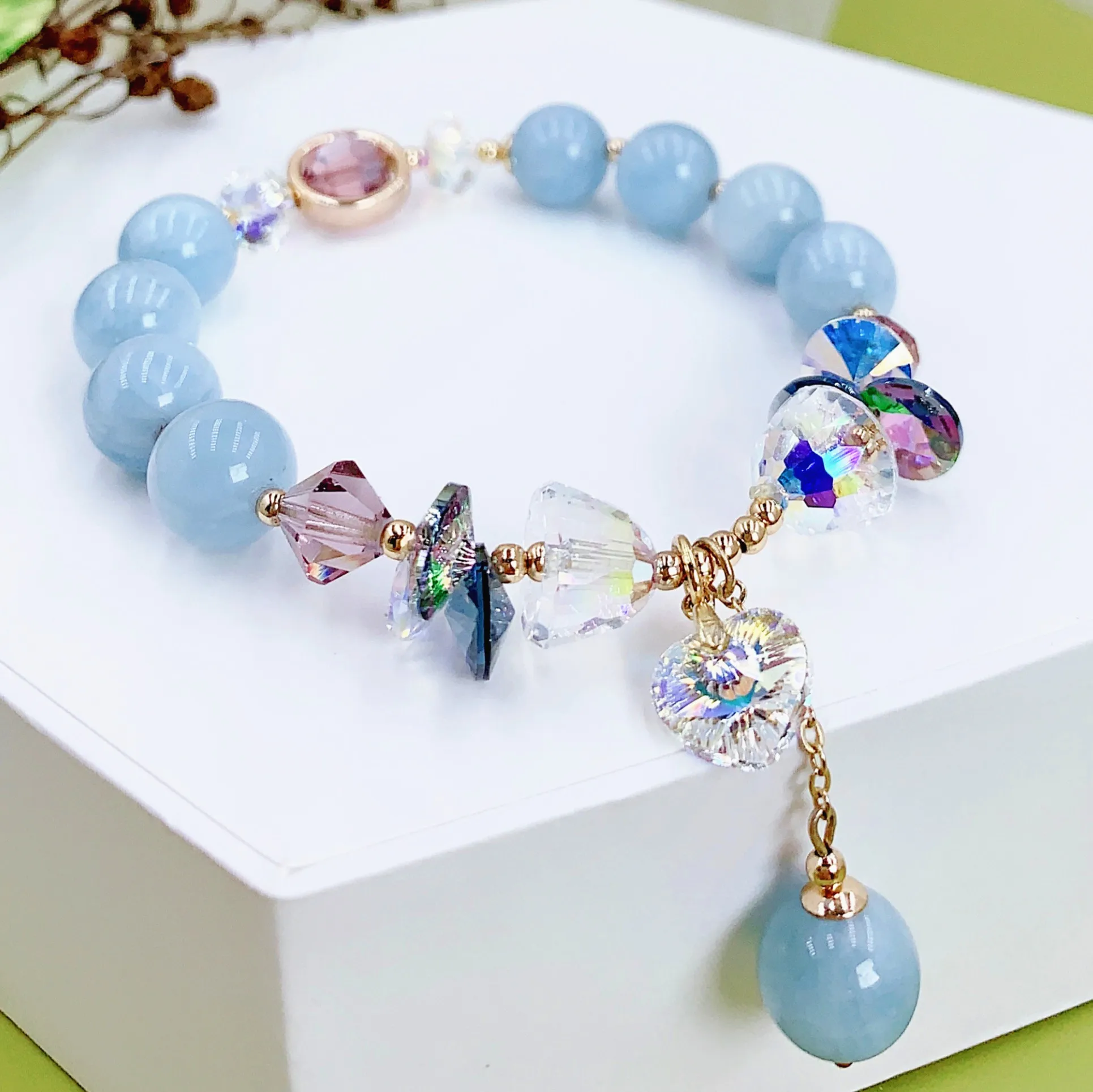 

Original handmade fashion jewelry Aquamarine Crystal Bracelet Love Pendant Fringe Fashionable Simple Women