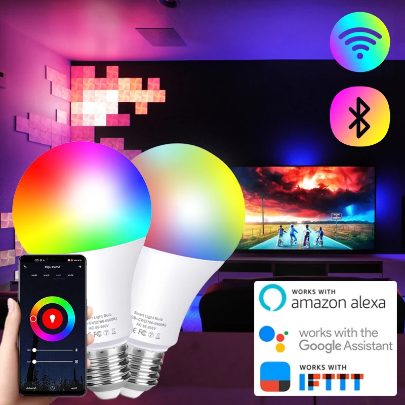 

Dimmable Modes 10W WiFi Smart Bluetooth Light Bulb E27 B22 LED RGB Lamp Alexa/Google Home Tuya Life APP Dimmable Warm White Bulb